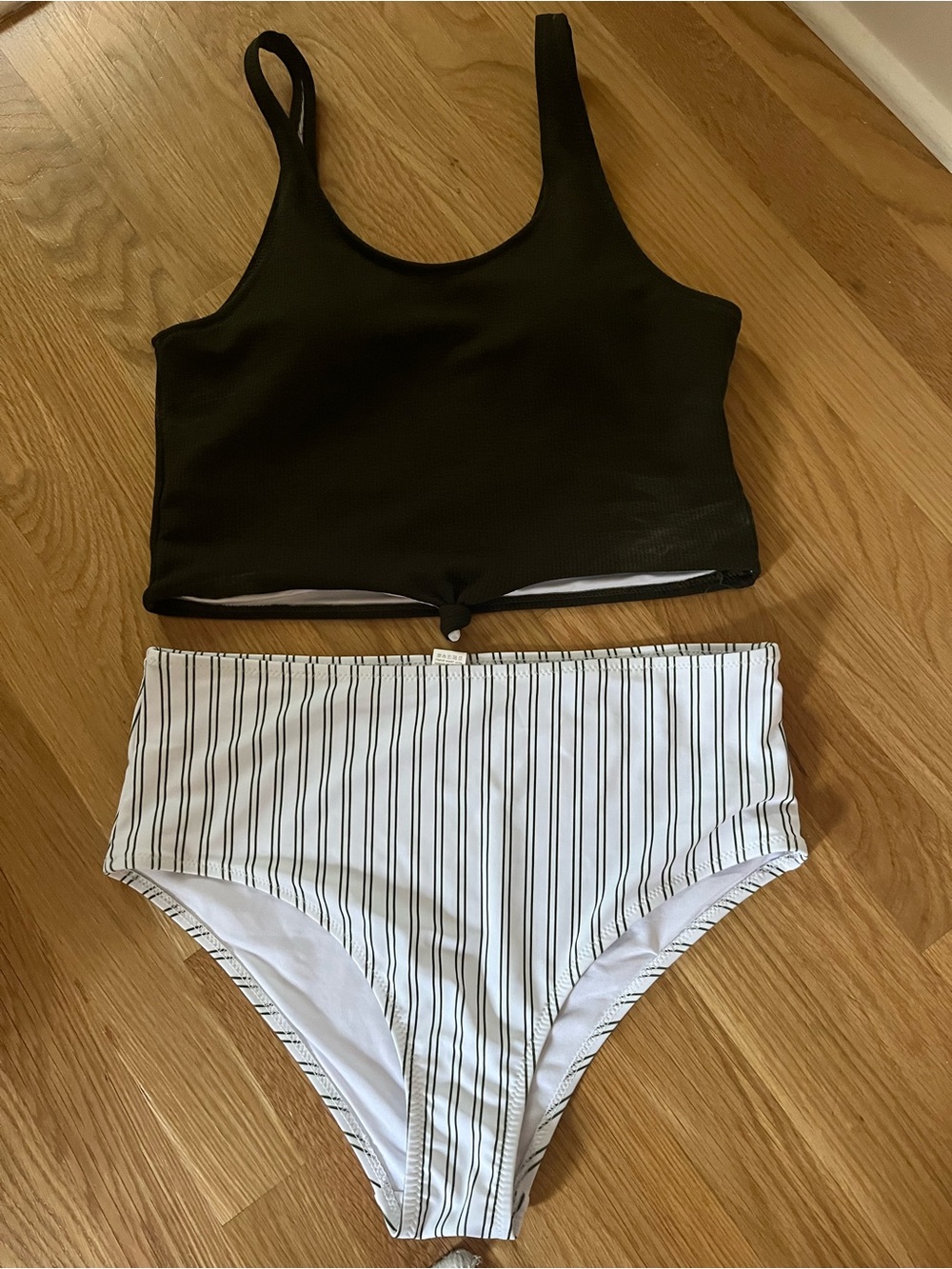 Dark Brown Tank Bikini Top with White Pinstripe High-Waist Bottoms